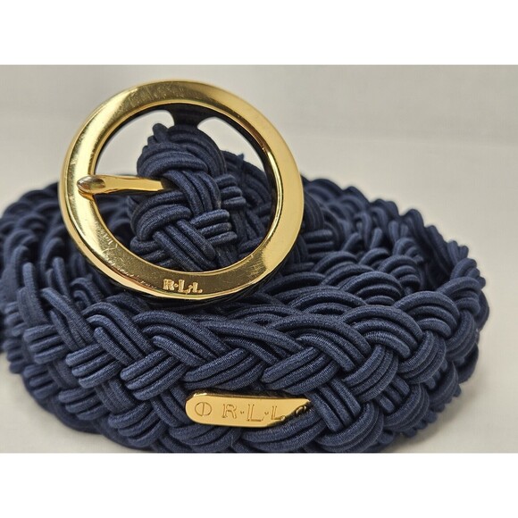 Lauren Ralph Lauren Navy Blue Braided Elastic Belt Gold Circle Buckle One Size - Picture 2 of 3